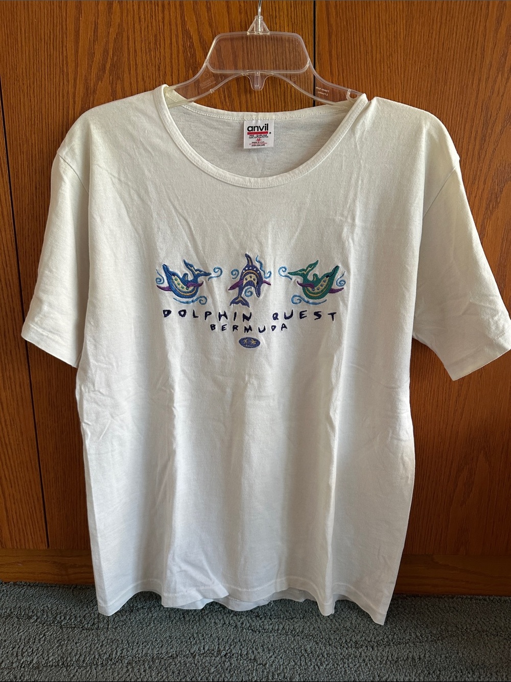 Anvil White Short-Sleeve Tee with Blue & Green Dolphin Motif